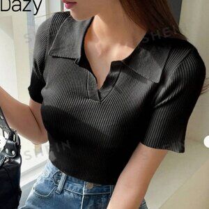 Shein | Dazy Photo Knit Ribbed Cropped Top with Collar Sz 6